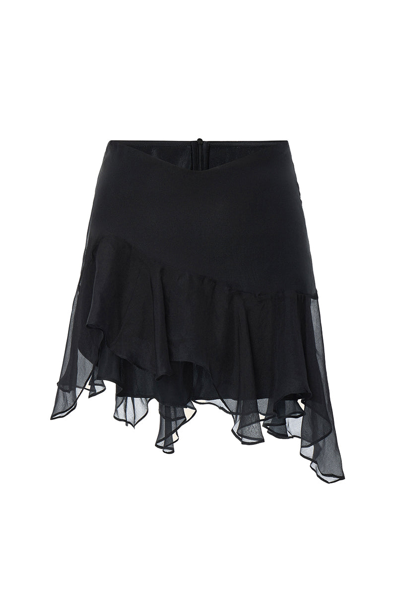 Black IKINITA Wave Skirt featuring a mini length and stylish wave design, perfect for trendy casual or evening wear.