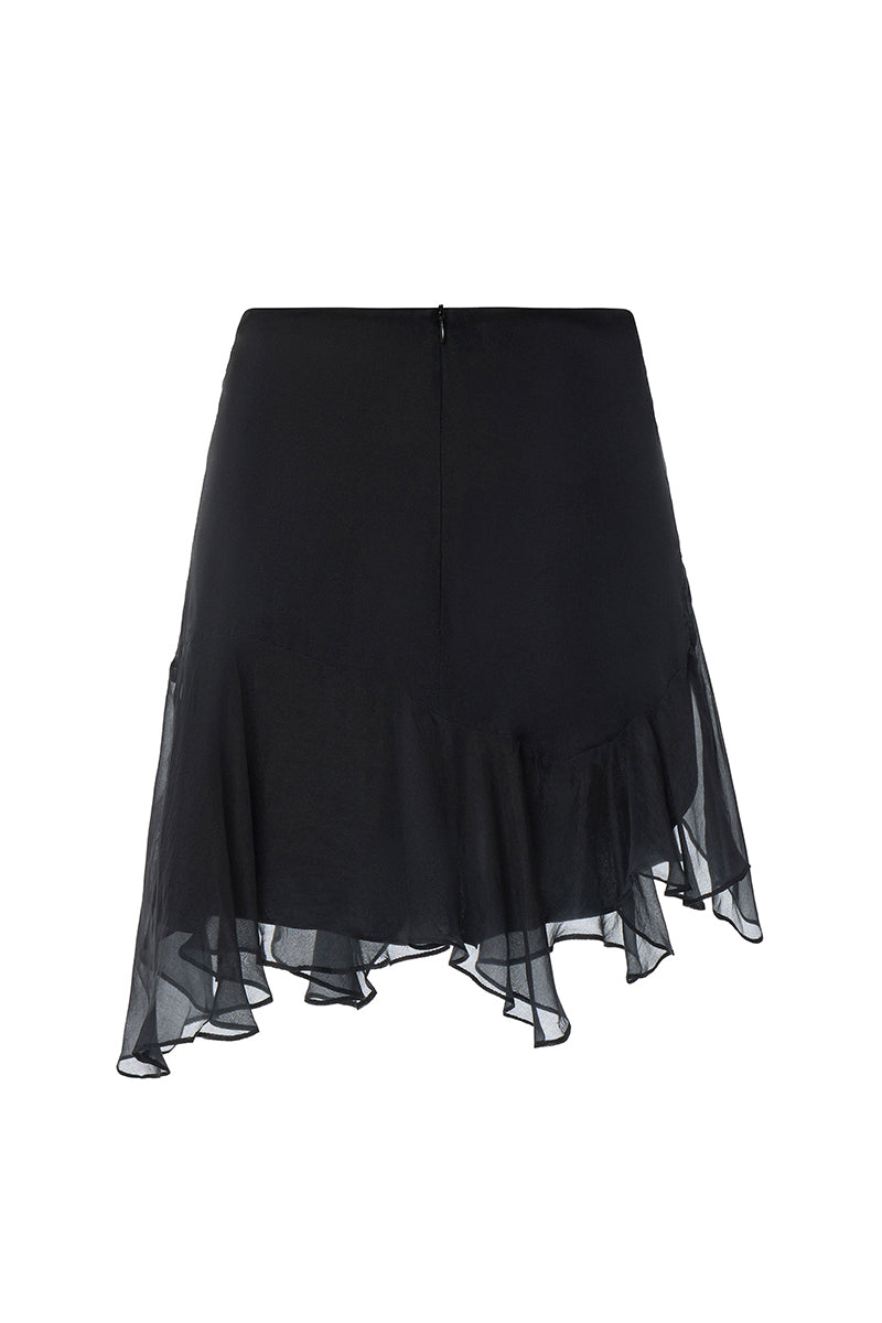 Black IKINITA Wave Skirt, a stylish mini skirt with a modern wave design, shown on a model in the image.