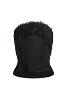 Black Lauren corset top by Scarlett Gasque, featuring structured design and lace-up detail, shown on a model.