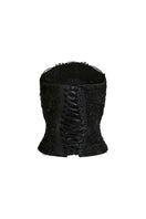 Black Lauren corset top by Scarlett Gasque featuring fitted design and lace-up details, shown on a mannequin.