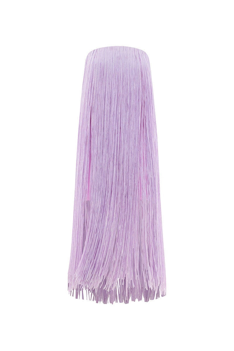 Lilac Valenciani midi dress with all-over fringe design, featuring a flowy silhouette and stylish sleeveless cut.