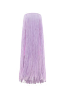 Lilac Valenciani midi dress with all-over fringe design, featuring a flowy silhouette and stylish sleeveless cut.