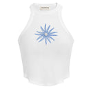 White and blue IKINITA Water Top, stylish casual top with graphic design, displayed on a plain background.