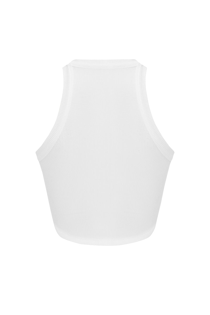 White and blue IKINITA water top, stylish sleeveless shirt with a relaxed fit, perfect for casual summer wear.