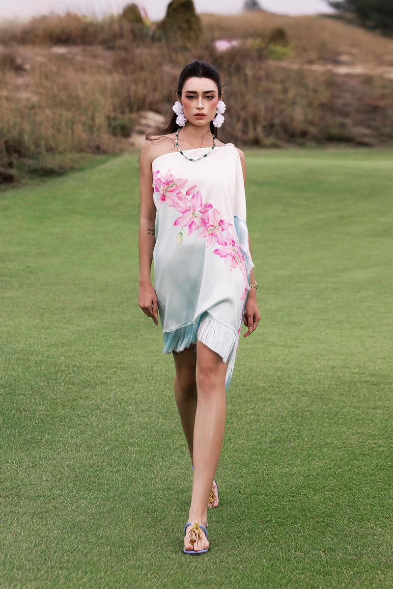 Valenciani multicolor one-shoulder mini dress displayed on a model, showcasing a vibrant, stylish design perfect for casual or party wear.