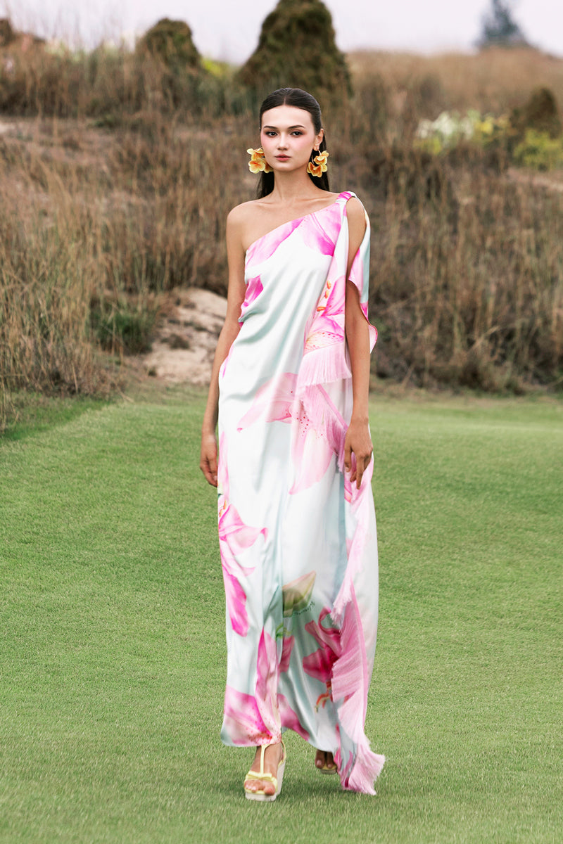 Valenciani one-shoulder multicolor maxi dress with flowing fabric, stylish and elegant for special occasions.