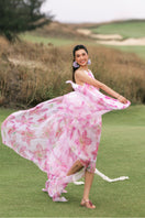 Valenciani halter neck pleated maxi dress in multicolor, flowing fabric with a stylish halter neckline and elegant design.