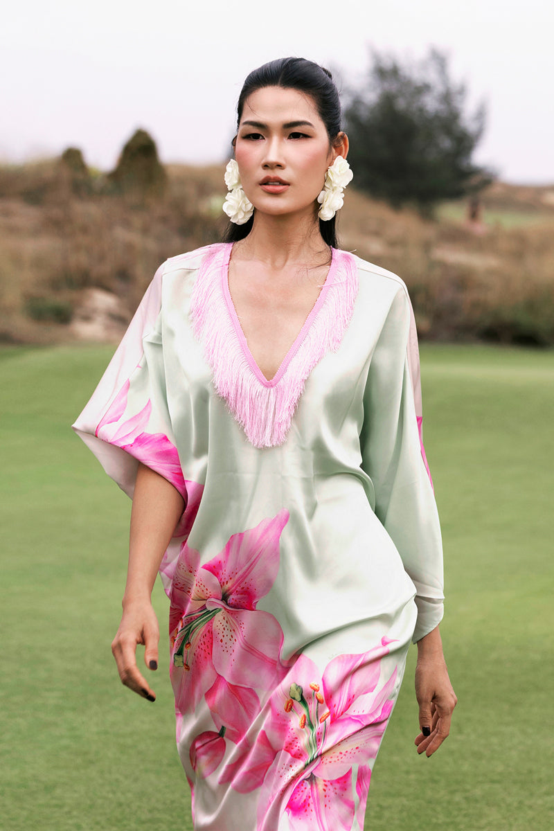 Multicolor V-neck midi kaftan dress by Valenciani with flowing fabric and relaxed fit, perfect for casual or summer wear.