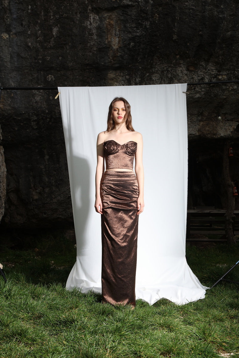 Aquarel Studio Lily Glitter Skirt in Mirage Brown, a stylish maxi skirt with shimmering glitter fabric and flowing design.