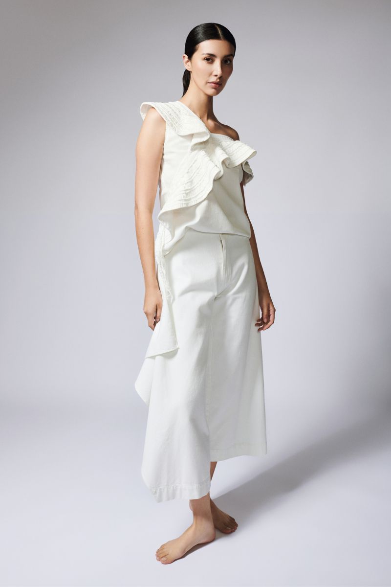 ASYMMETRIC FLAIR DENIM TOP IN IVORY - CULT MIA