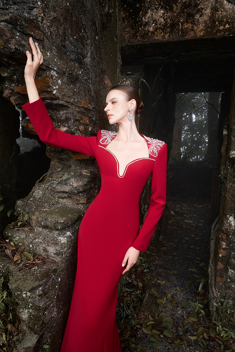 SHOULDER CRYSTAL-EMBELLISHED STRAIGHT DRESS - CULT MIA