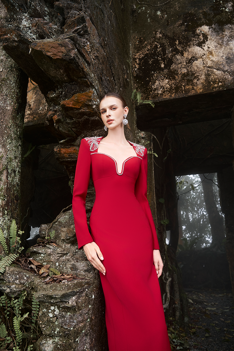 SHOULDER CRYSTAL-EMBELLISHED STRAIGHT DRESS - CULT MIA