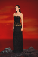 Lune De Soie strapless straight gown in elegant fabric, showcasing a sleek, fitted silhouette with clean lines and subtle detailing.