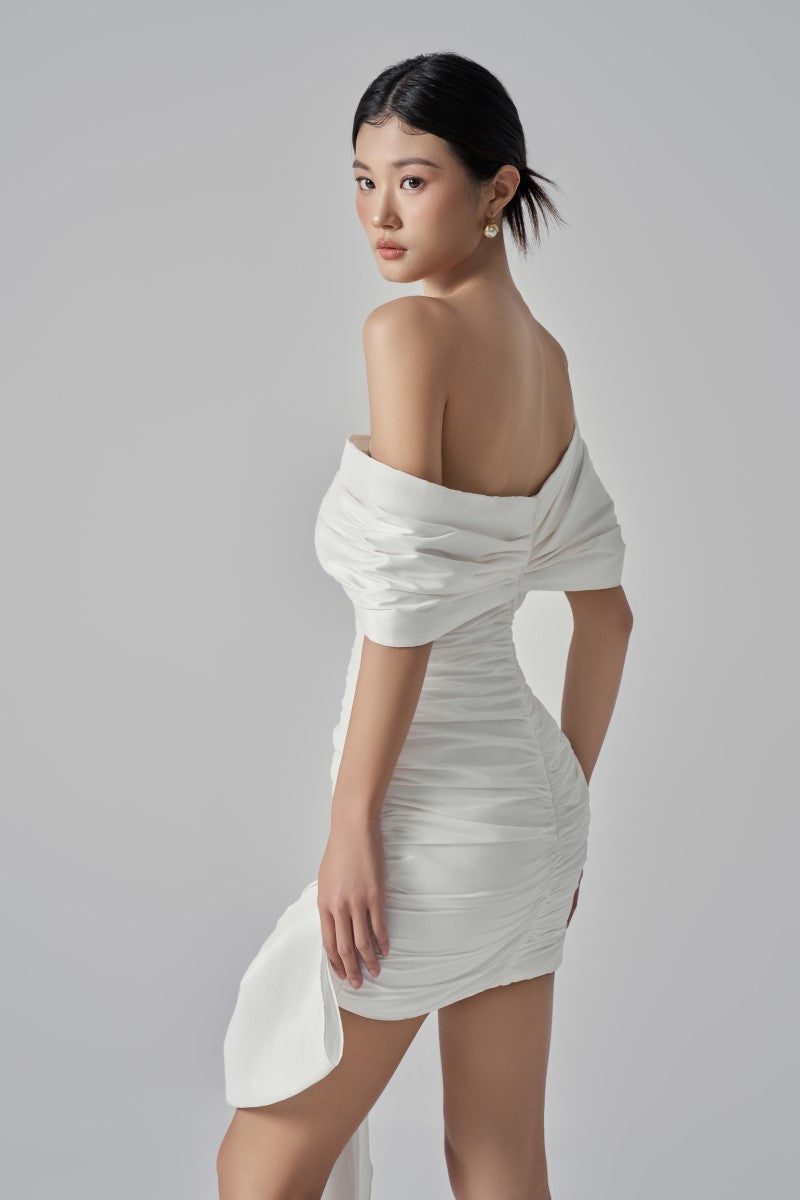 White Kendall taffeta cut-out mini dress by 21Six, featuring a stylish design and elegant fabric details.