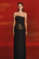 Elegant strapless straight gown by Lune De Soie, featuring a sleek silhouette and smooth fabric, perfect for formal occasions.