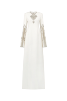 Tracy Studio long sleeve slit round neck gown in soft fabric, featuring a sleek silhouette and elegant design.