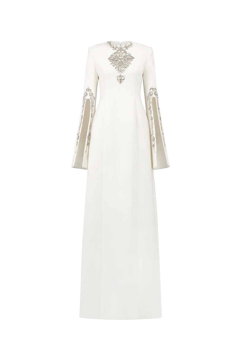 Tracy Studio long sleeve slit round neck gown in soft fabric, featuring a sleek silhouette and elegant design.