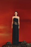 Lune De Soie strapless straight gown with elegant fitted bodice and flowing skirt, perfect for formal occasions.