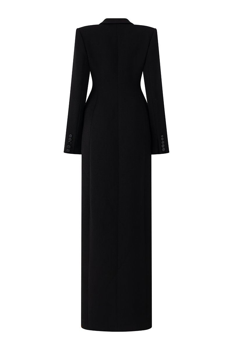Lune De Soie long sleeve peak lapel trench coat hanging on a hanger, showing classic beige color and tailored fit.