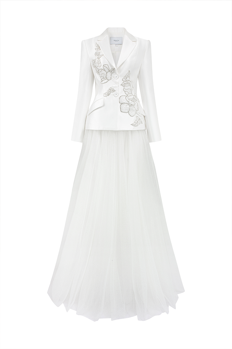 NOTCHED LAPEL FLORAL EMBELLISHED BLAZER AND A-LINE SKIRT - CULT MIA