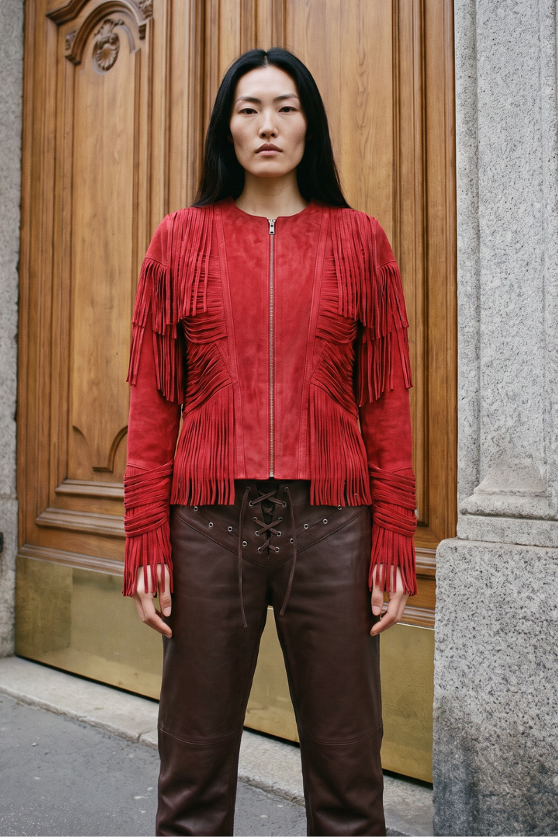 Double A CULT MIA X Aurora jacket in red suede, stylish men's jacket with a sleek design and vibrant red color.