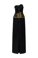 Elegant strapless straight gown by Lune De Soie, featuring a sleek silhouette and smooth fabric, perfect for formal occasions.