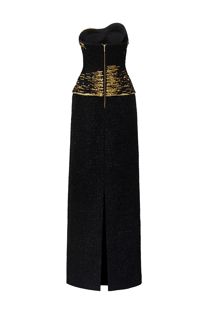 Elegant strapless straight gown by Lune De Soie, featuring a sleek silhouette and smooth fabric, perfect for formal occasions.