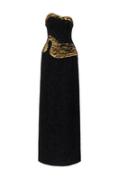 Lune De Soie strapless straight gown in elegant fabric, showcasing a fitted silhouette and smooth, flowing design.