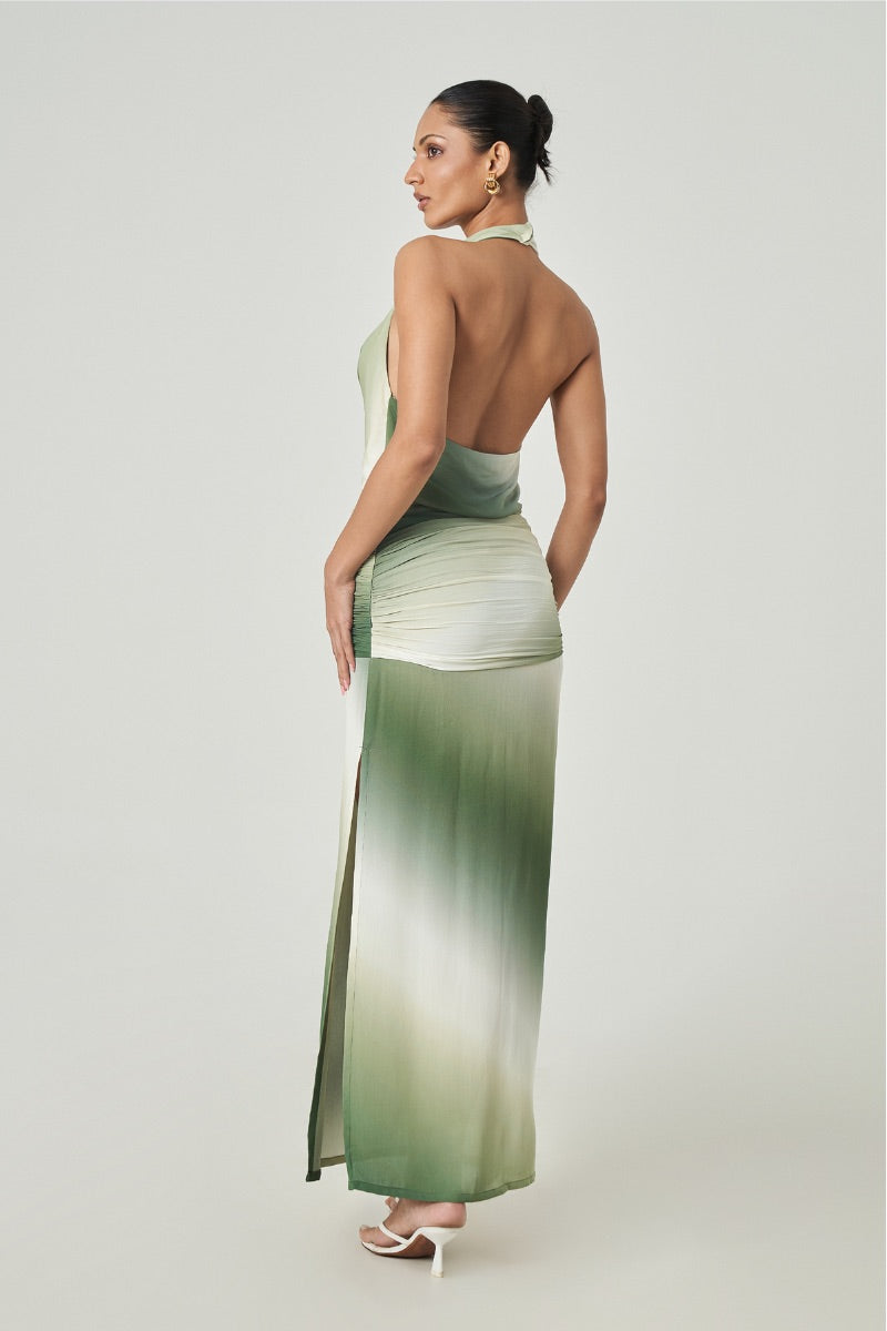 Sage ombre midi skirt from Summer Away, featuring flowing fabric and a stylish, layered design.