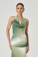 Sage ombre midi skirt by Summer Away featuring flowing fabric and a stylish, layered design for casual or semi-formal wear.