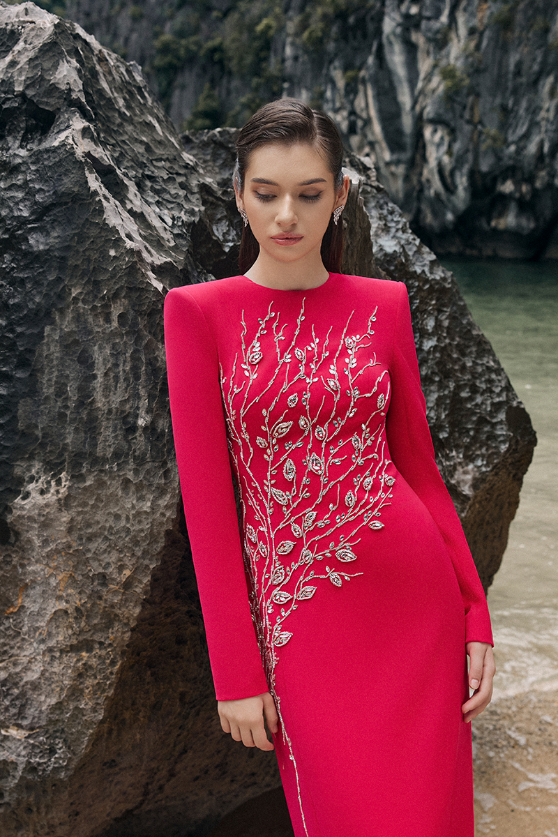 PADDED SHOULDER CRYSTAL EMBELLISHED STRAIGHT DRESS - CULT MIA