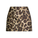 Scarlett Gasque Anastasia Leopard Mini Skirt displayed on a hanger, featuring a trendy leopard print and fitted silhouette.
