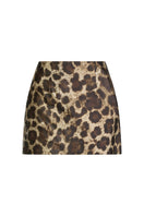 Scarlett Gasque Anastasia Leopard Mini Skirt displayed on a hanger, featuring a trendy leopard print and fitted silhouette.