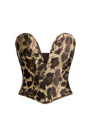 Scarlett Gasque leopard print corset top with structured design and adjustable straps, showcasing a bold animal print pattern.