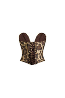 Scarlett Gasque leopard print corset top with structured design and adjustable straps, showcasing bold animal print and fitted style.