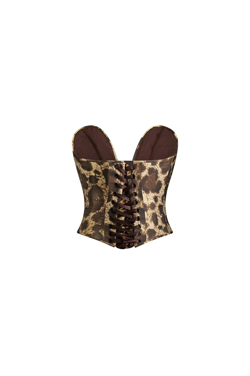 Scarlett Gasque leopard print corset top with structured design and adjustable straps, showcasing bold animal print and fitted style.