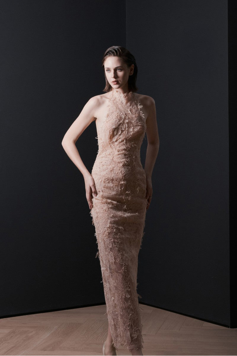 Pink Verona midi dress by Lekieu, flowing fabric with elegant design, displayed on a mannequin.