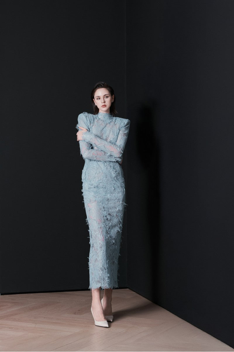 Blue Verona midi dress by Lekieu, featuring a stylish flowy design and elegant silhouette, perfect for dressy occasions.