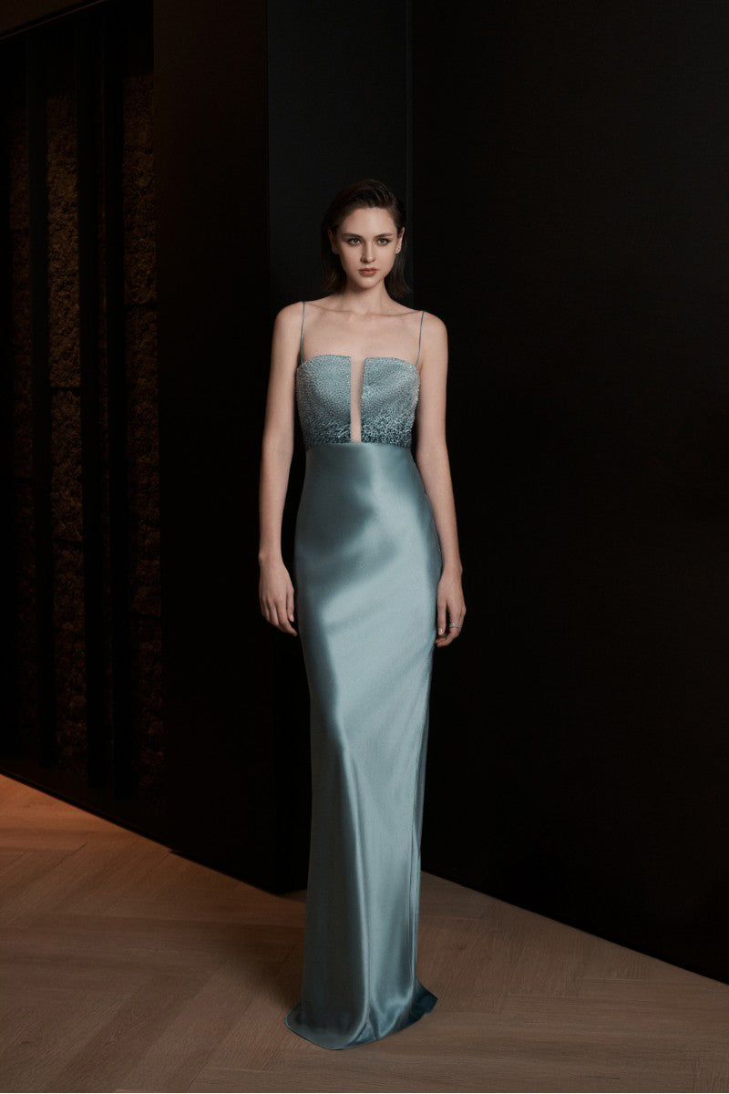 Blue Lecce maxi dress by Lekieu, flowing fabric with a stylish, elegant design perfect for summer or casual wear.