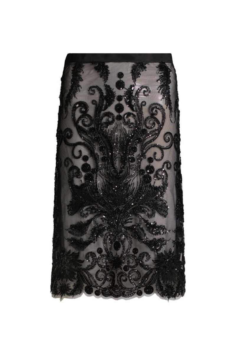 Black midi skirt from Scarlett Gasque's Bianca collection, shown in a stylish, flowing design perfect for casual or formal wear.