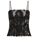 Scarlett Gasque Bianca black top, stylish sleeveless blouse with a fitted design, displayed on a hanger.