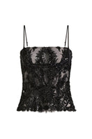 Scarlett Gasque Bianca black top, stylish sleeveless blouse with a fitted design, displayed on a hanger.