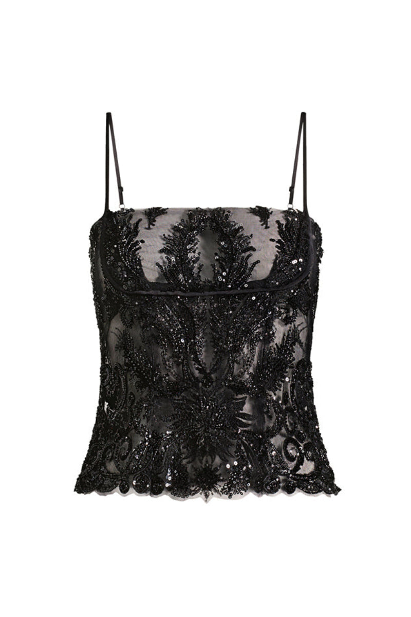 Scarlett Gasque Bianca black top, stylish sleeveless blouse with a fitted design, displayed on a hanger.