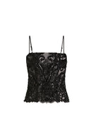 Black Bianca top by Scarlett Gasque, featuring a stylish design, shown on a model with a close-up of the fabric and neckline.