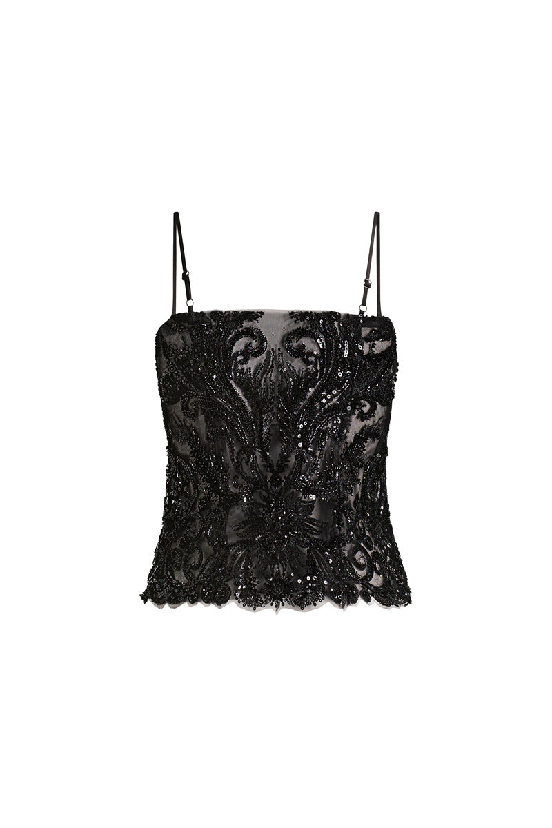 Black Bianca top by Scarlett Gasque, featuring a stylish design, shown on a model with a close-up of the fabric and neckline.