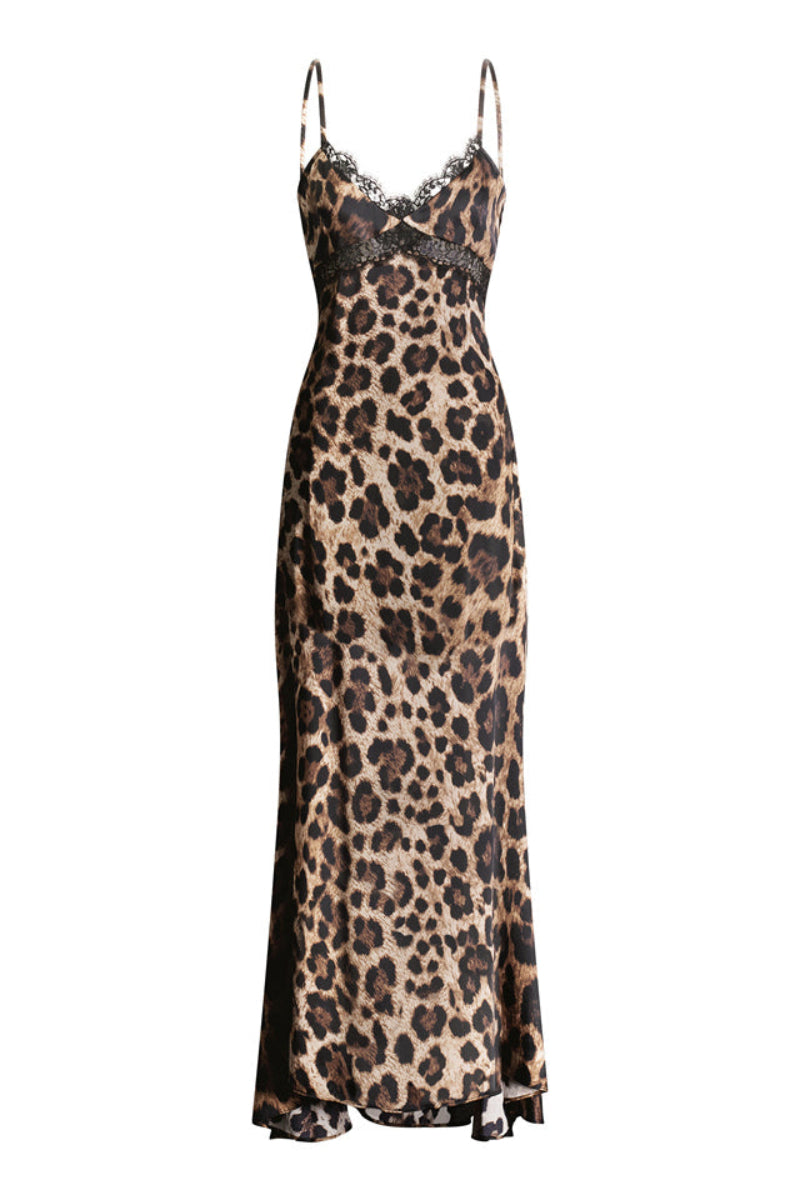 Scarlett Gasque leopard print maxi dress featuring a flowing silhouette and stylish design, perfect for elegant daytime or evening wear.