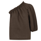 Labeca Capri Cappuccino linen one-sleeve top featuring a stylish, lightweight design with a single sleeve and elegant fit.