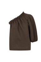 Labeca Capri Cappuccino linen one-sleeve top featuring a stylish, lightweight design with a single sleeve and elegant fit.
