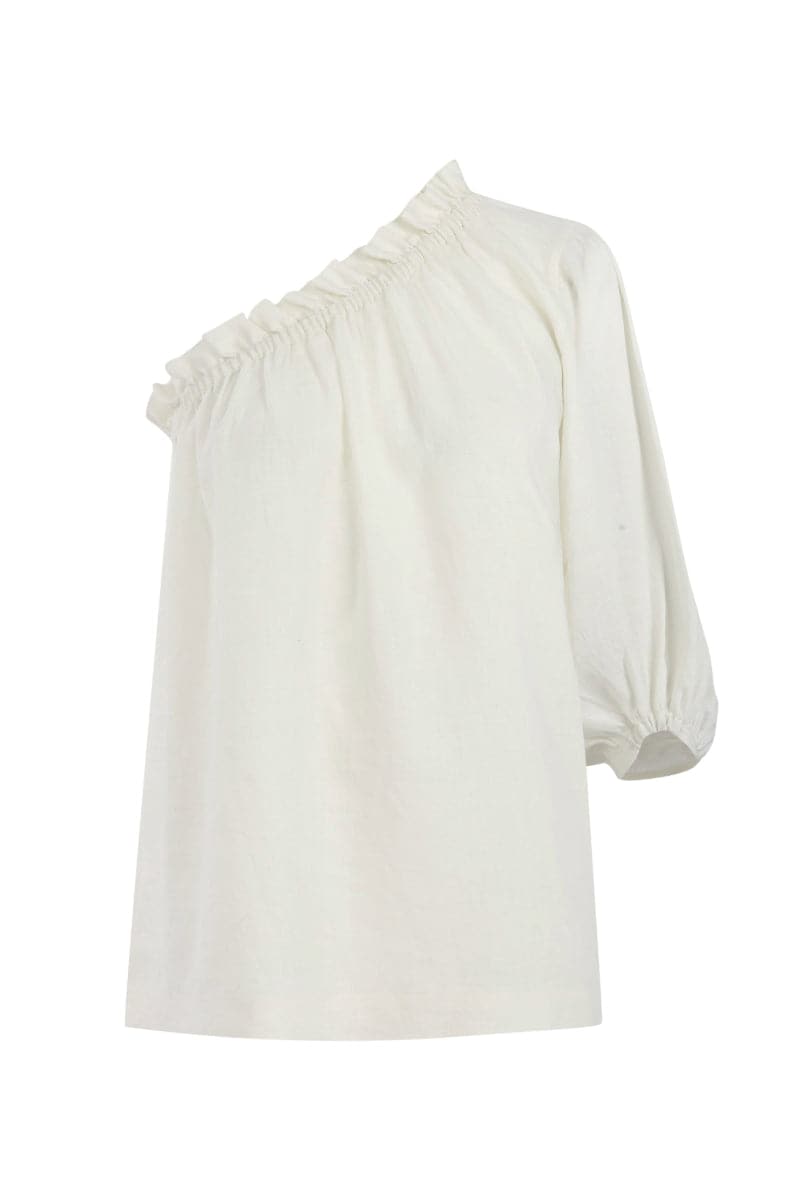 White linen one-sleeve top by Labeca, featuring a stylish single sleeve design and relaxed fit for casual or elegant looks.