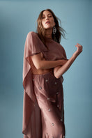 FIZA Mocha Cape jacket by MASTANI, stylish outerwear with a soft mocha color, featuring a flowy design and elegant detailing.